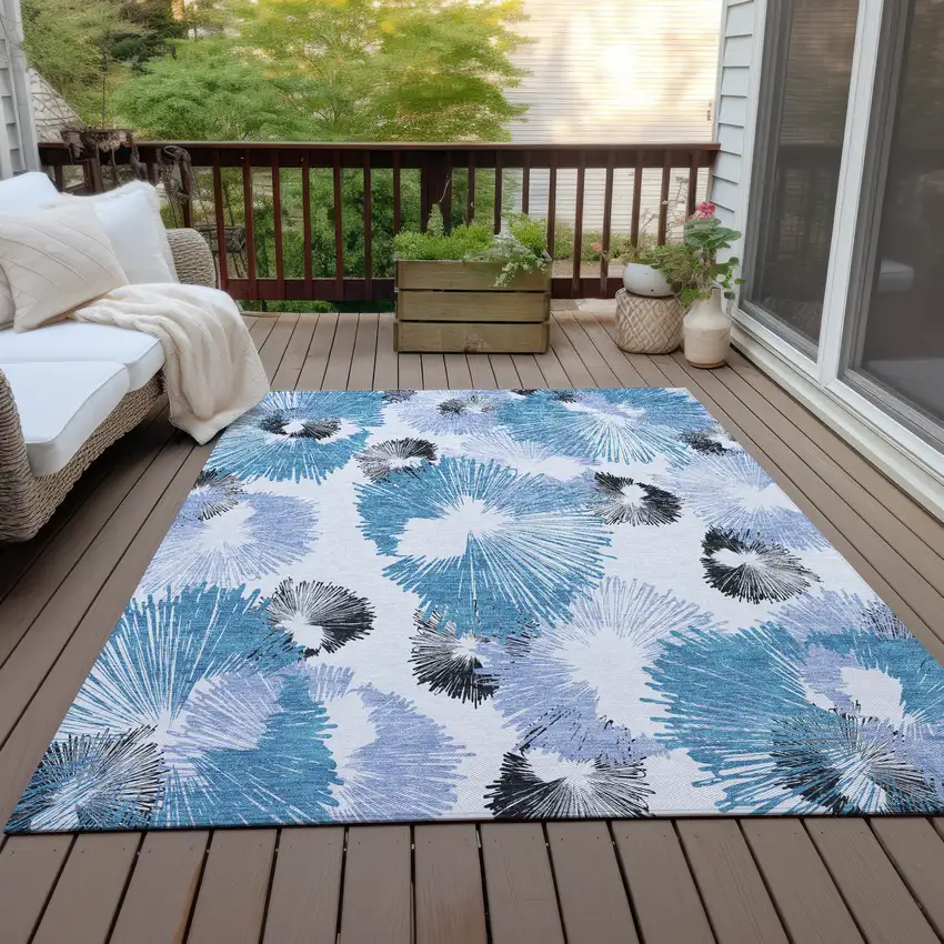 Blue Ivory And Charcoal Floral Washable Indoor Outdoor Area Rug Photo 7