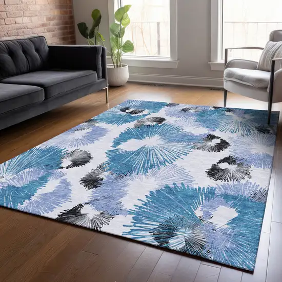 Blue Ivory And Charcoal Floral Washable Indoor Outdoor Area Rug Photo 7