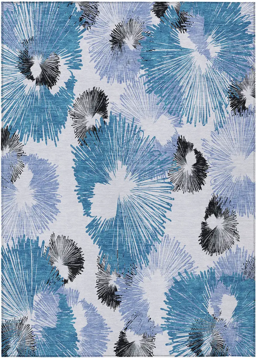 Blue Ivory And Charcoal Floral Washable Indoor Outdoor Area Rug Photo 1