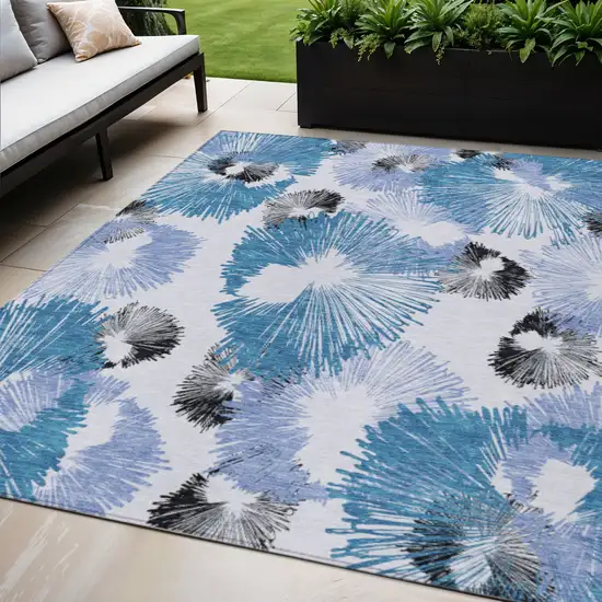 Blue Ivory And Charcoal Floral Washable Indoor Outdoor Area Rug Photo 2
