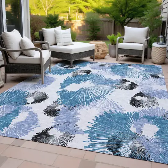 Blue Ivory And Charcoal Floral Washable Indoor Outdoor Area Rug Photo 9