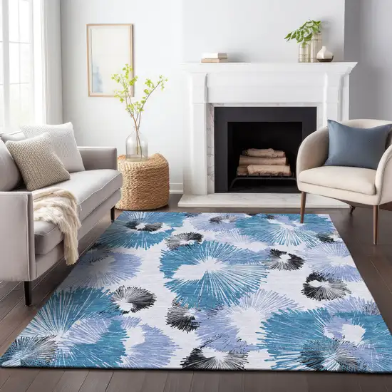 Blue Ivory And Charcoal Floral Washable Indoor Outdoor Area Rug Photo 9