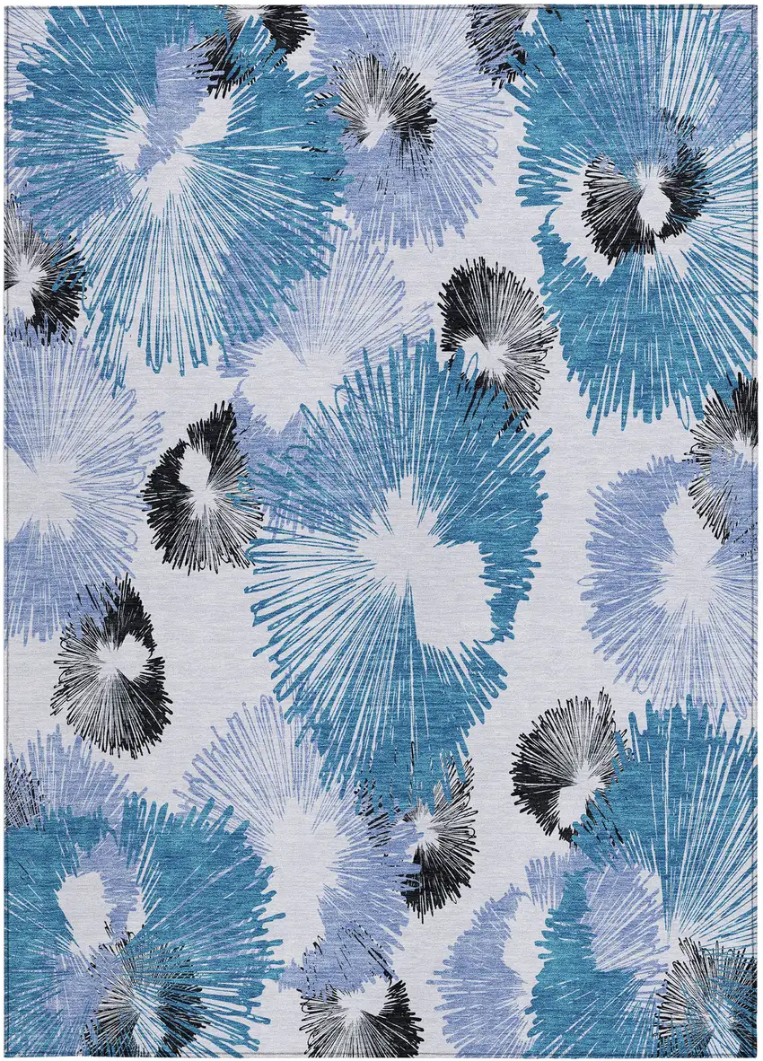 Blue Ivory And Charcoal Floral Washable Indoor Outdoor Area Rug Photo 4