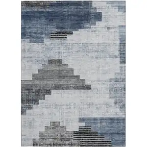 Photo of Blue Ivory And Charcoal Geometric Washable Indoor Outdoor Area Rug