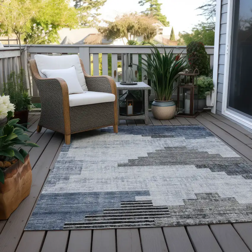 Blue Ivory And Charcoal Geometric Washable Indoor Outdoor Area Rug Photo 7