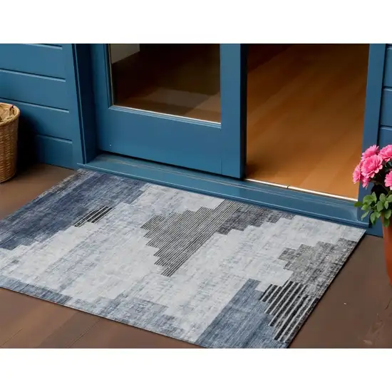 Blue Ivory And Charcoal Geometric Washable Indoor Outdoor Area Rug Photo 2