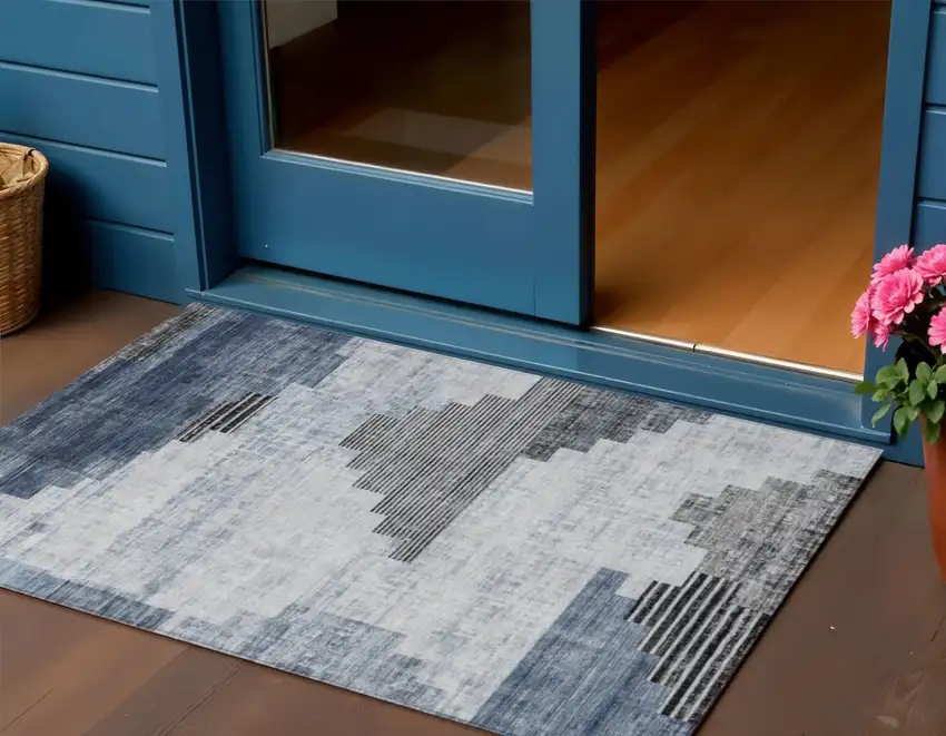 Blue Ivory And Charcoal Geometric Washable Indoor Outdoor Area Rug Photo 2