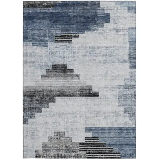 Blue Ivory And Charcoal Geometric Washable Indoor Outdoor Area Rug Photo 1