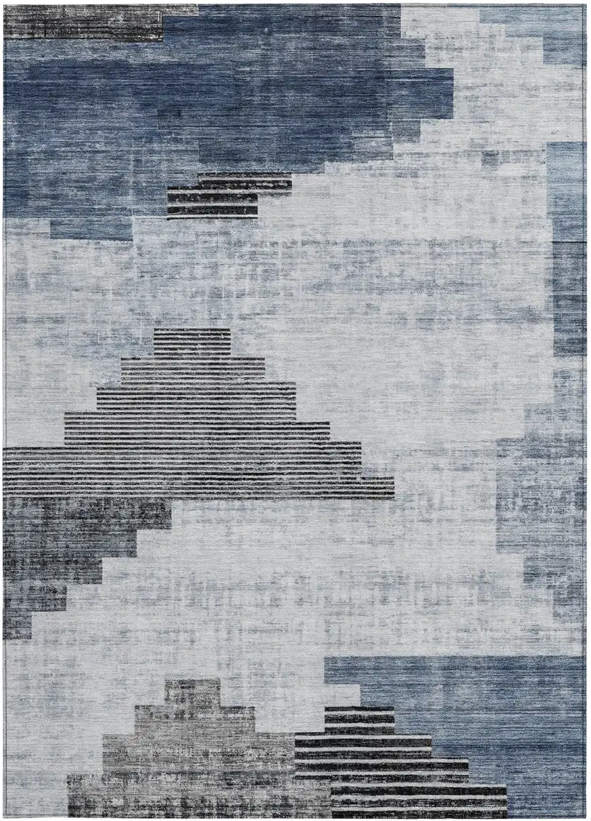 Blue Ivory And Charcoal Geometric Washable Indoor Outdoor Area Rug Photo 1