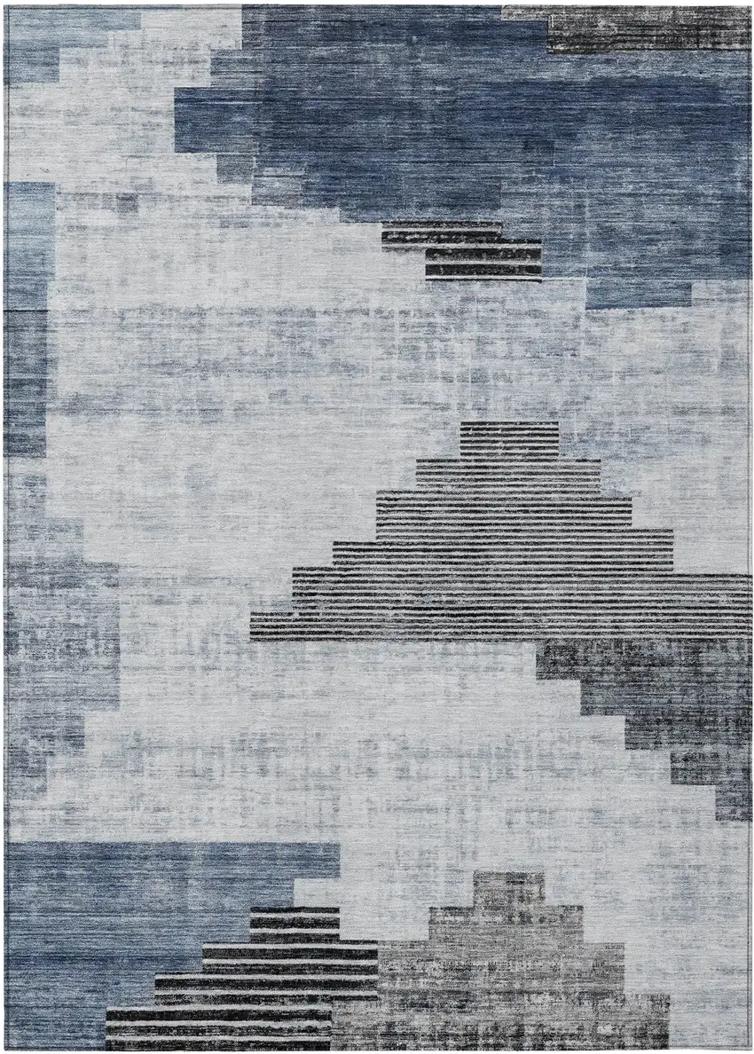 Blue Ivory And Charcoal Geometric Washable Indoor Outdoor Area Rug Photo 8