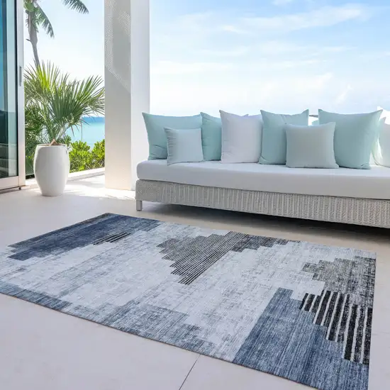 Blue Ivory And Charcoal Geometric Washable Indoor Outdoor Area Rug Photo 4