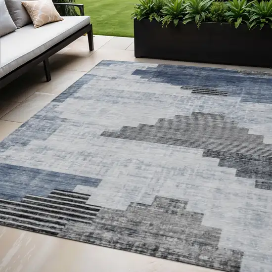Blue Ivory And Charcoal Geometric Washable Indoor Outdoor Area Rug Photo 2