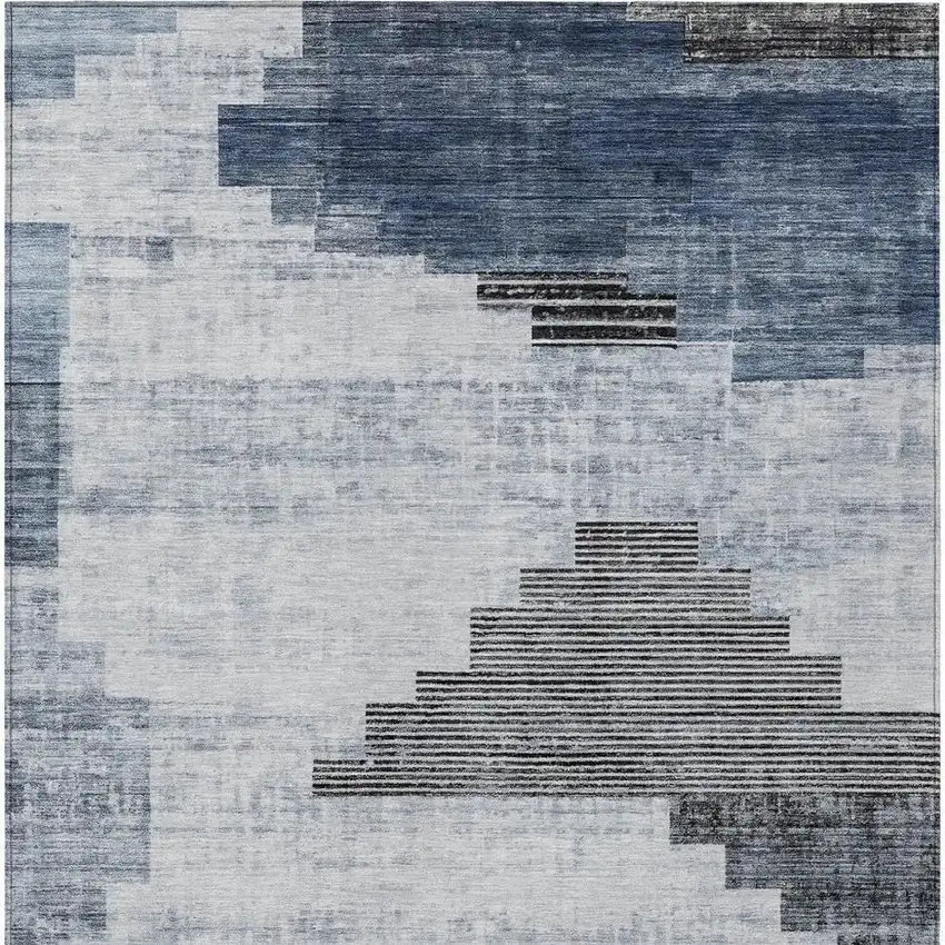 Blue Ivory And Charcoal Geometric Washable Indoor Outdoor Area Rug Photo 4