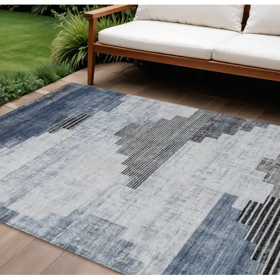 Blue Ivory And Charcoal Geometric Washable Indoor Outdoor Area Rug Photo 2