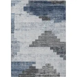 Photo of Blue Ivory And Charcoal Geometric Washable Indoor Outdoor Area Rug