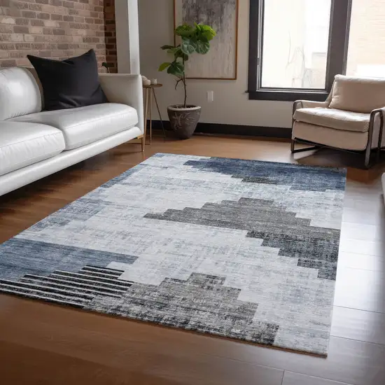 Blue Ivory And Charcoal Geometric Washable Indoor Outdoor Area Rug Photo 6