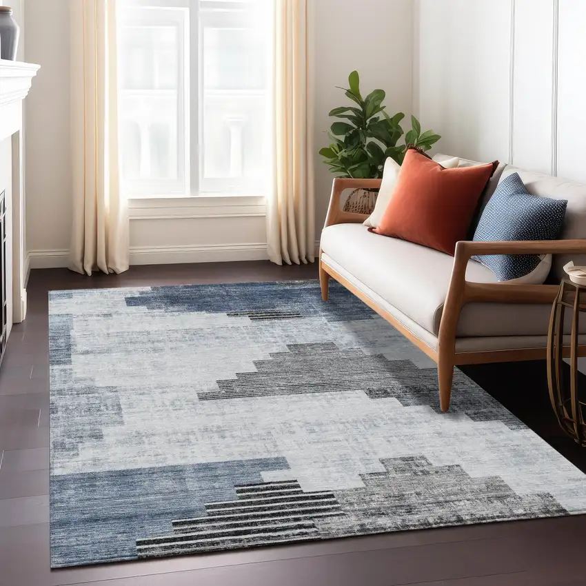Blue Ivory And Charcoal Geometric Washable Indoor Outdoor Area Rug Photo 7