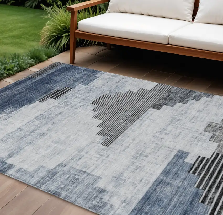Blue Ivory And Charcoal Geometric Washable Indoor Outdoor Area Rug Photo 2