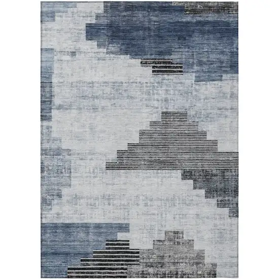 Blue Ivory And Charcoal Geometric Washable Indoor Outdoor Area Rug Photo 8
