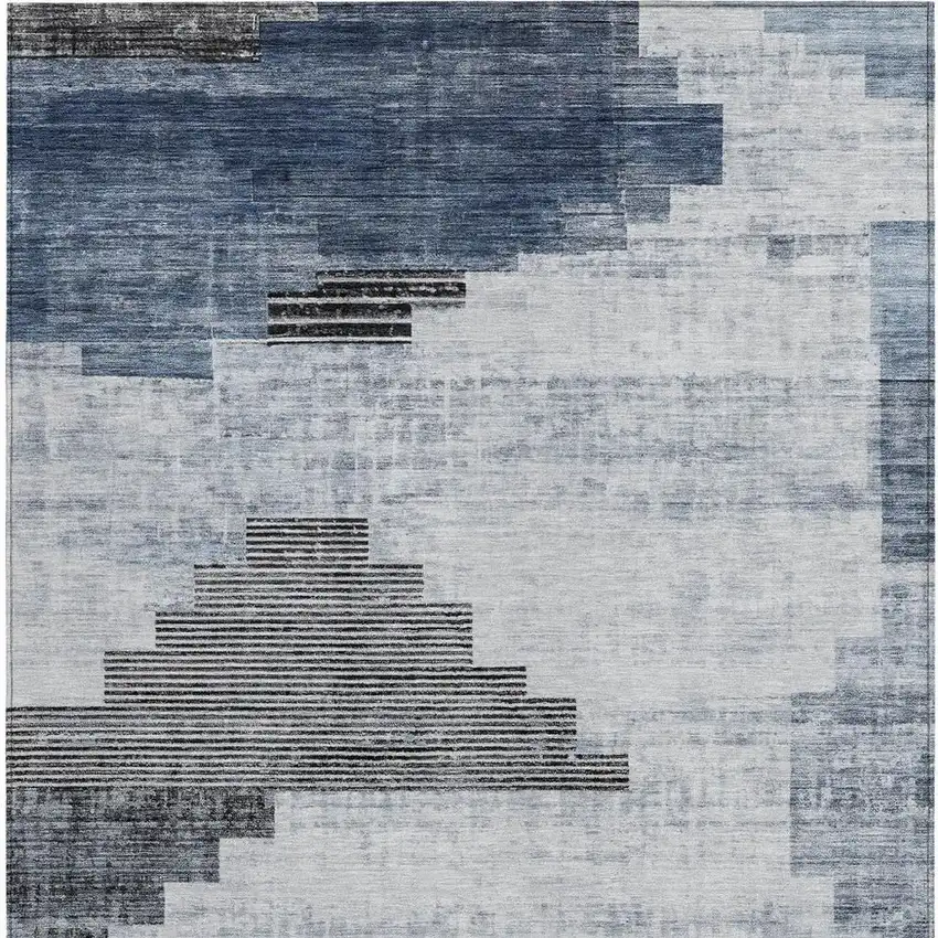 Blue Ivory And Charcoal Geometric Washable Indoor Outdoor Area Rug Photo 3