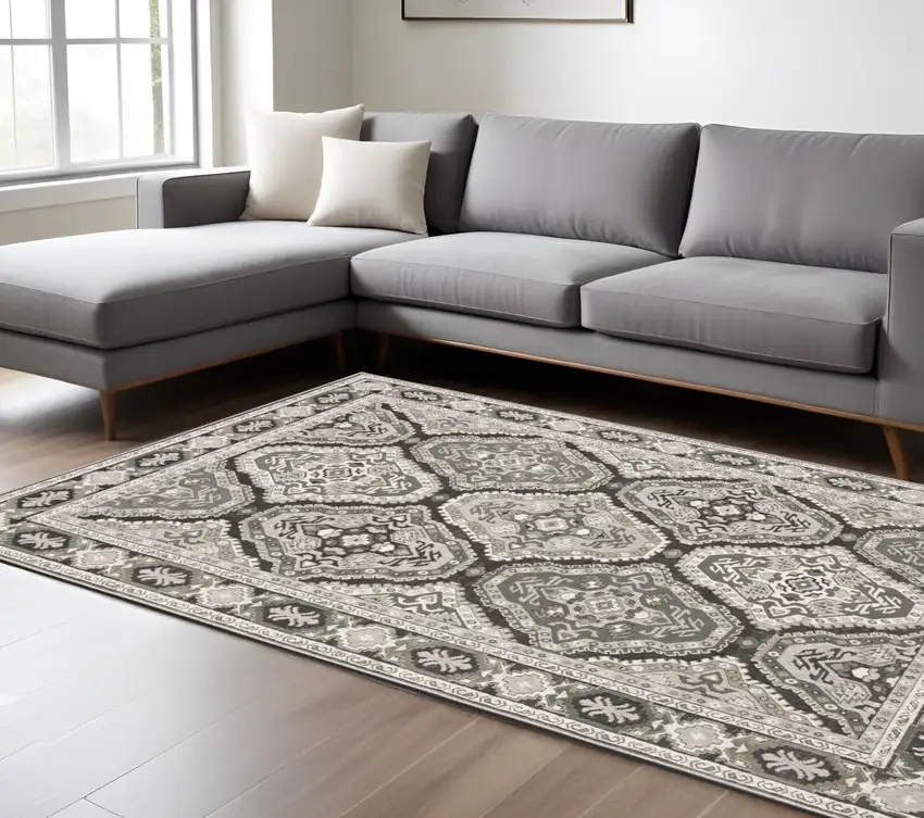Blue Ivory And Charcoal Medallion Area Rug Photo 1