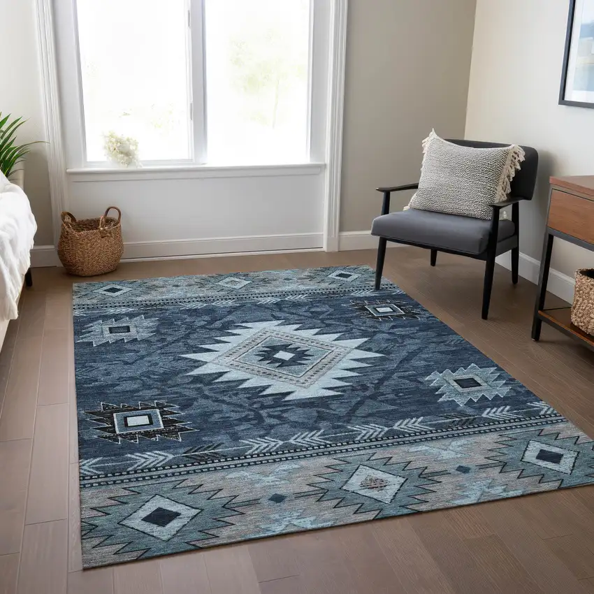 Blue Ivory And Charcoal Tribal Washable Indoor Outdoor Area Rug Photo 7