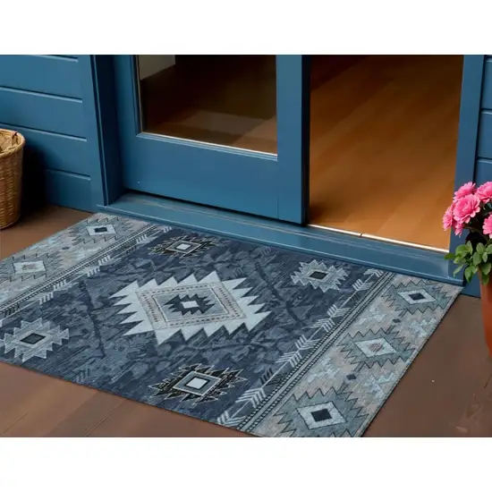 Blue Ivory And Charcoal Tribal Washable Indoor Outdoor Area Rug Photo 2