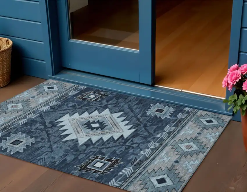 Blue Ivory And Charcoal Tribal Washable Indoor Outdoor Area Rug Photo 2
