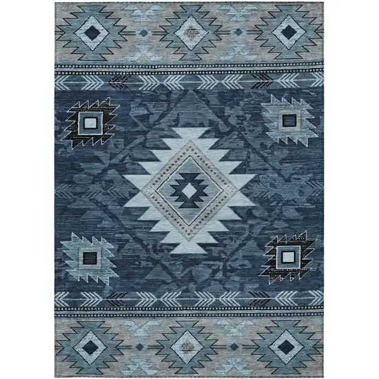 Blue Ivory And Charcoal Tribal Washable Indoor Outdoor Area Rug Photo 3