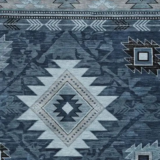 Blue Ivory And Charcoal Tribal Washable Indoor Outdoor Area Rug Photo 4