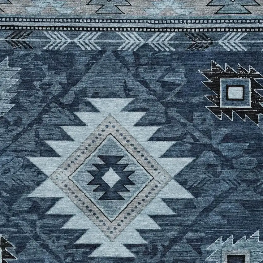 Blue Ivory And Charcoal Tribal Washable Indoor Outdoor Area Rug Photo 4