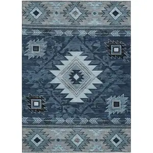 Photo of Blue Ivory And Charcoal Tribal Washable Indoor Outdoor Area Rug