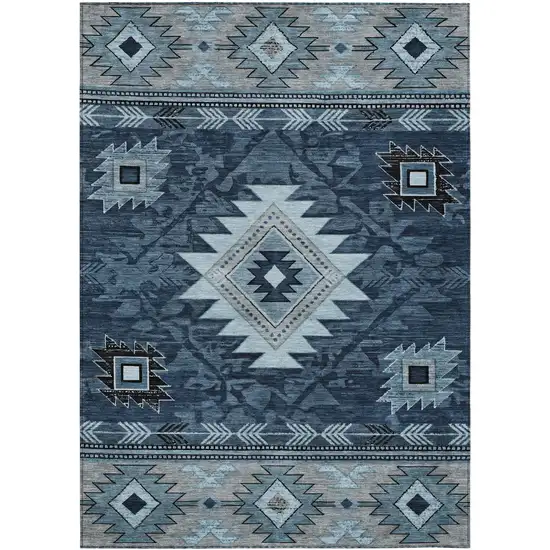Blue Ivory And Charcoal Tribal Washable Indoor Outdoor Area Rug Photo 1