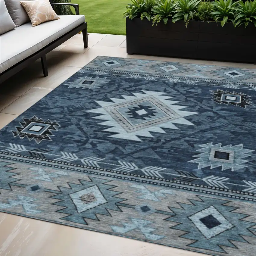 Blue Ivory And Charcoal Tribal Washable Indoor Outdoor Area Rug Photo 2