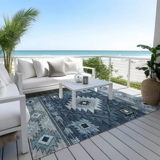 Blue Ivory And Charcoal Tribal Washable Indoor Outdoor Area Rug Photo 5
