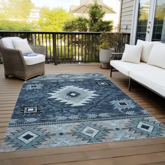 Blue Ivory And Charcoal Tribal Washable Indoor Outdoor Area Rug Photo 8