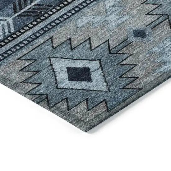 Blue Ivory And Charcoal Tribal Washable Indoor Outdoor Area Rug Photo 9