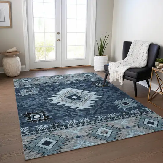 Blue Ivory And Charcoal Tribal Washable Indoor Outdoor Area Rug Photo 6