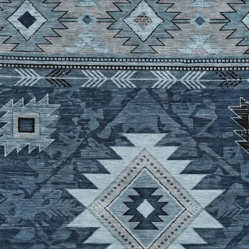 Blue Ivory And Charcoal Tribal Washable Indoor Outdoor Area Rug Photo 4