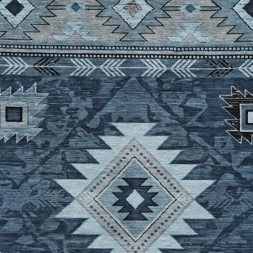 Blue Ivory And Charcoal Tribal Washable Indoor Outdoor Area Rug Photo 6