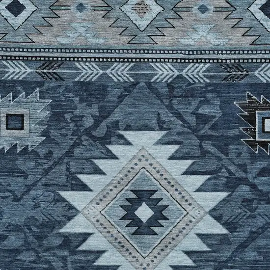 Blue Ivory And Charcoal Tribal Washable Indoor Outdoor Area Rug Photo 6
