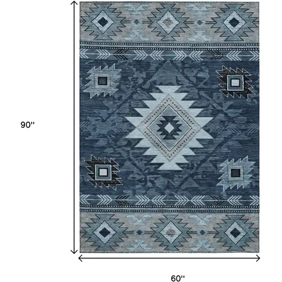 Blue Ivory And Charcoal Tribal Washable Indoor Outdoor Area Rug Photo 8