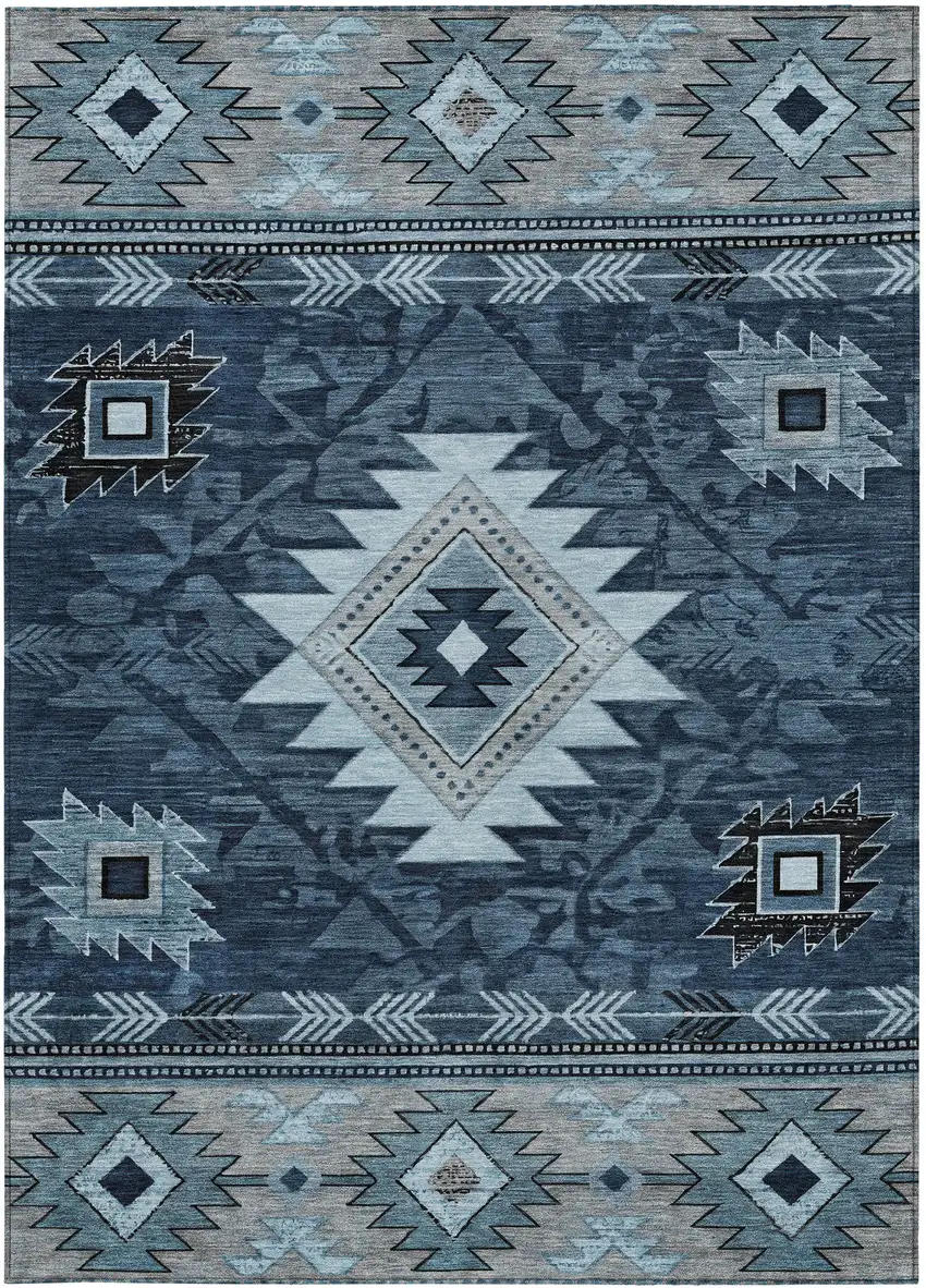 Blue Ivory And Charcoal Tribal Washable Indoor Outdoor Area Rug Photo 3