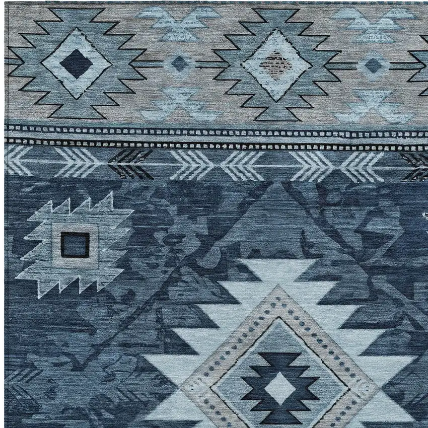 Blue Ivory And Charcoal Tribal Washable Indoor Outdoor Area Rug Photo 9