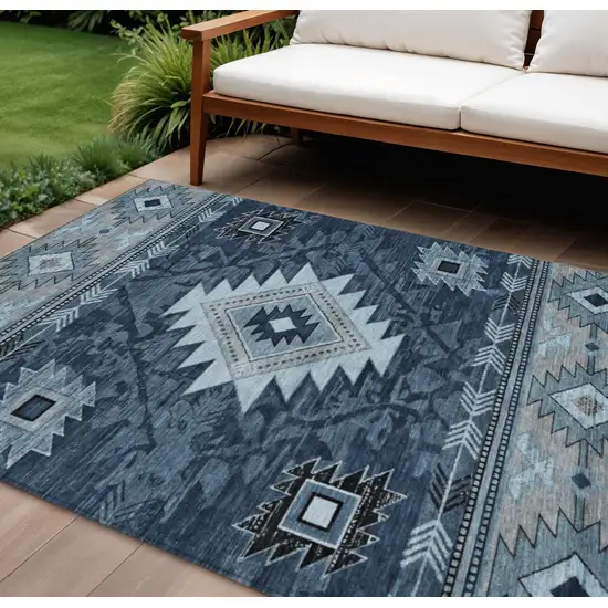 Blue Ivory And Charcoal Tribal Washable Indoor Outdoor Area Rug Photo 2