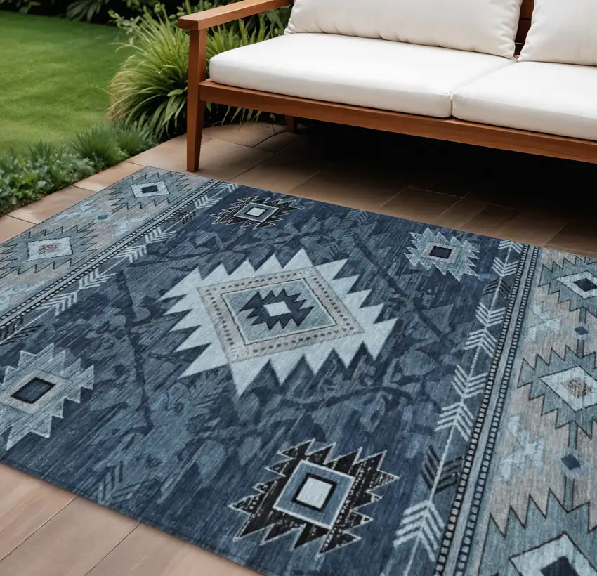 Blue Ivory And Charcoal Tribal Washable Indoor Outdoor Area Rug Photo 2