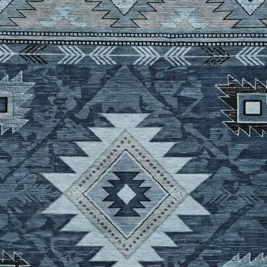 Blue Ivory And Charcoal Tribal Washable Indoor Outdoor Area Rug Photo 3