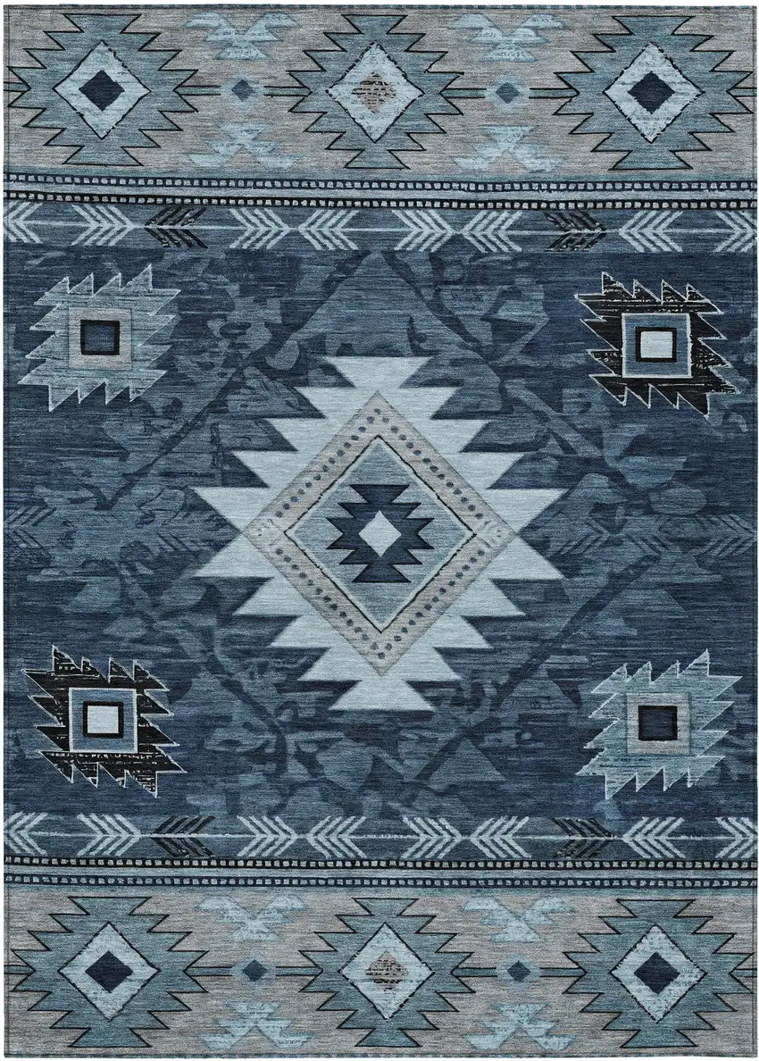 Blue Ivory And Charcoal Tribal Washable Indoor Outdoor Area Rug Photo 1
