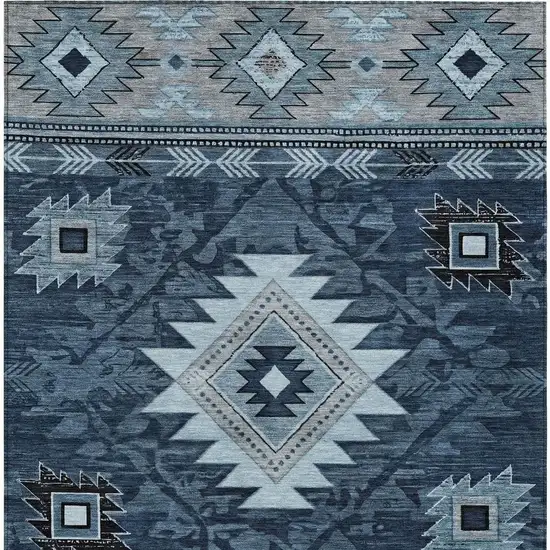 Blue Ivory And Charcoal Tribal Washable Indoor Outdoor Area Rug Photo 4