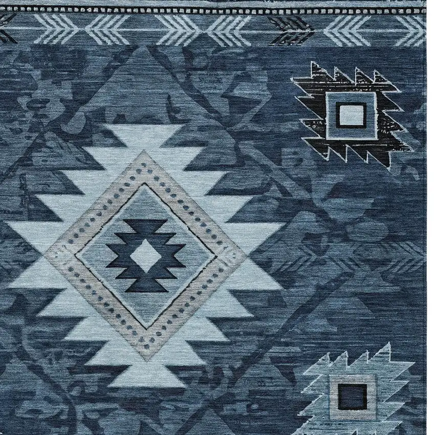 Blue Ivory And Charcoal Tribal Washable Indoor Outdoor Area Rug Photo 9